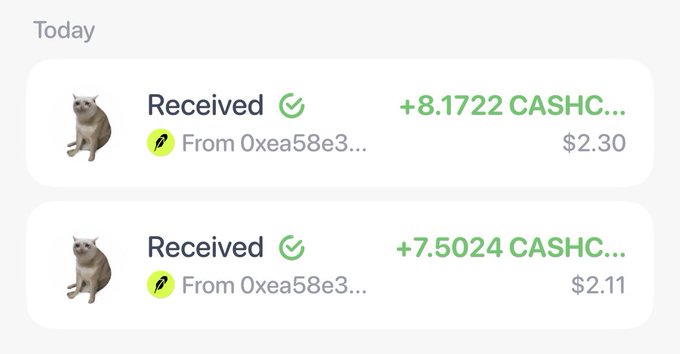 A transaction history showing two 'Received' entries in green from 'Oxea58e3...' for +8.1722 CASHC ($2.30) and +7.5024 CASHC ($2.11), each with a cat icon.