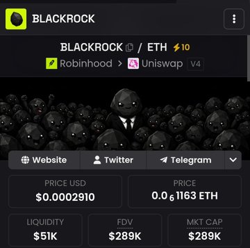 A cryptocurrency token listing page for BLACKROCK (BLACKROCK/ETH) on Robinhood and Uniswap v4, showing a price of $0.0002910, a price of 0.61163 ETH, $51K liquidity, and a $289K market cap.
