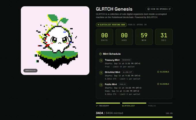 A webpage for 'GLRTCH Genesis', a collection of digital organisms on the Robinhood blockchain, showing a pixel art character, a mint schedule with a countdown, and a progress bar at 3404/3404 minted (100.0%).