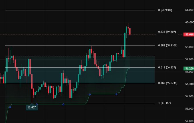A candlestick chart displaying cryptocurrency price action with Fibonacci retracement levels, showing price movement between 53.467 (support at level 1) and resistance near 60.9802 (level 0), with current price around 56.259 (0.618 level).