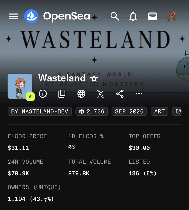 An OpenSea NFT collection page for "Wasteland: A Fantasy World of Rejected Monsters" showing a floor price of $31.11, 2,736 items, and 1,194 unique owners.