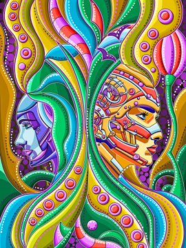 A vibrant, psychedelic abstract artwork featuring stylized faces in green, purple, and gold tones surrounded by flowing organic shapes, decorative swirls, and ornamental patterns.