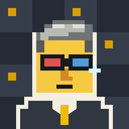 A pixel art illustration features a yellow character with grey hair wearing 3D glasses and smoking a cigarette, with yellow squares scattered around a dark blue background.