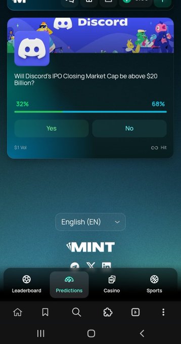 A mobile app screenshot showing a prediction market interface for 'Will Discord's IPO Closing Market Cap be above $20 Billion?' with results showing 32% Yes and 68% No.