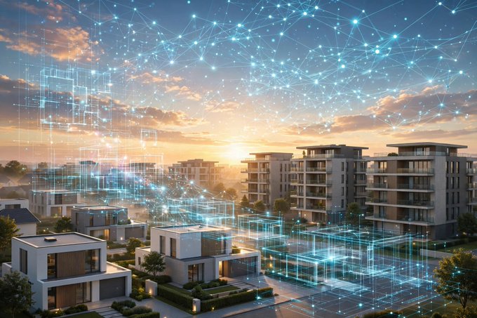 A modern residential development is overlaid with glowing blue wireframe buildings and connected network lines beneath a sunset sky.