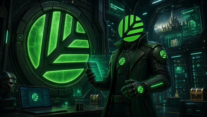A sci-fi character wearing a green jacket and helmet with a leaf logo stands in a futuristic room with a large green leaf emblem and cityscape in the background.