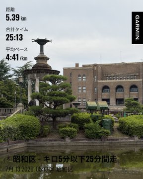 A Garmin activity screenshot showing 5.39 km distance, 25:13 total time, and 4:41/km average pace over a photo of a stone fountain and building, with text noting a 25-minute walk in Showa Ward.
