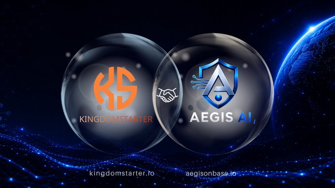 A futuristic digital graphic shows two glowing glass spheres side-by-side against a dark space-themed background with a planet, displaying the logos and websites 'KINGDOMSTARTER (kingdomstarter.io)' and 'AEGIS AI (aegisonbase.io)' connected by a handshake icon.