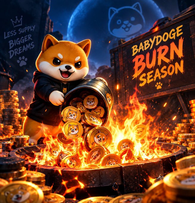 Promotional artwork for 'BABYDOGE BURN SEASON' featuring an animated Shiba Inu character pouring a barrel of BabyDoge-branded gold coins into a fire pit, with the tagline 'LESS SUPPLY BIGGER DREAMS' on the left.