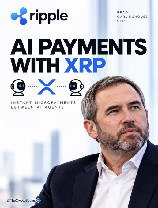 Promotional graphic featuring Ripple CEO Brad Garlinghouse with the text 'AI PAYMENTS WITH XRP' and 'INSTANT MICROPAYMENTS BETWEEN AI AGENTS' alongside the Ripple logo, watermarked @TheCryptoSquire.