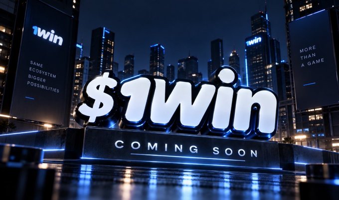 A promotional graphic featuring the '1win' logo prominently displayed with 'COMING SOON' text and tagline 'SAME ECOSYSTEM BIGGER POSSIBILITIES' against a nighttime cityscape.