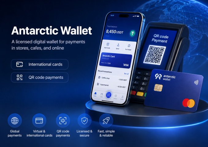 A promotional advertisement for "Antarctic Wallet," a licensed digital wallet for crypto payments featuring international Visa cards and QR code payments.