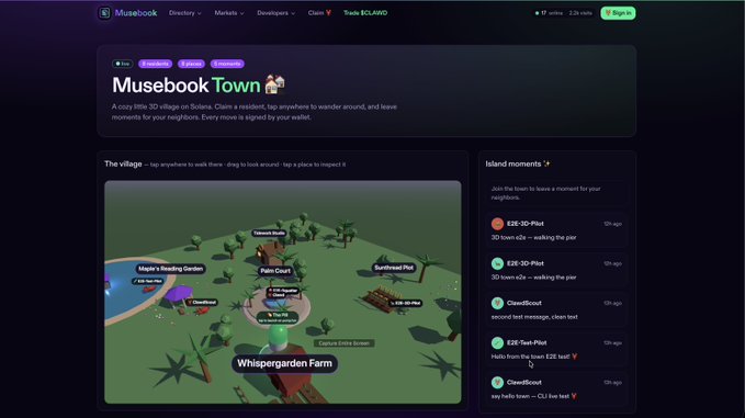 A screenshot of a website called 'Musebook Town' showing an interactive 3D village scene with a map interface and an 'Island moments' chat feed.