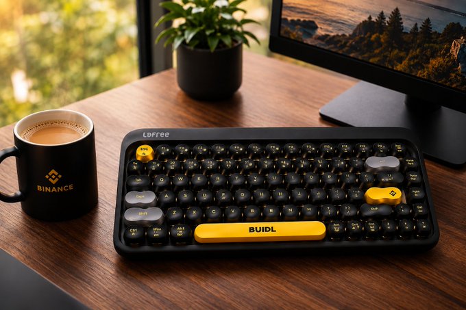 A cup of coffee in a black Binance mug sits beside a Lofree mechanical keyboard featuring yellow accent keys, including a "BUIDL" keycap, on a wooden desk near a monitor and potted plant—visually reinforcing the "Chai and lock in" post with its cozy, focused work-from-desk vibe.