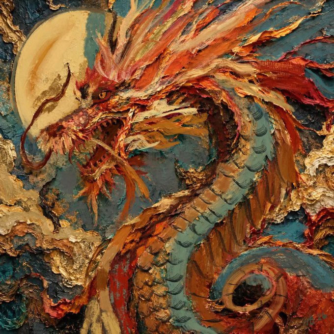 A textured oil painting of a fierce dragon with a serpentine body, rendered in vibrant orange, teal, and red hues against a cloudy night sky with a full moon.