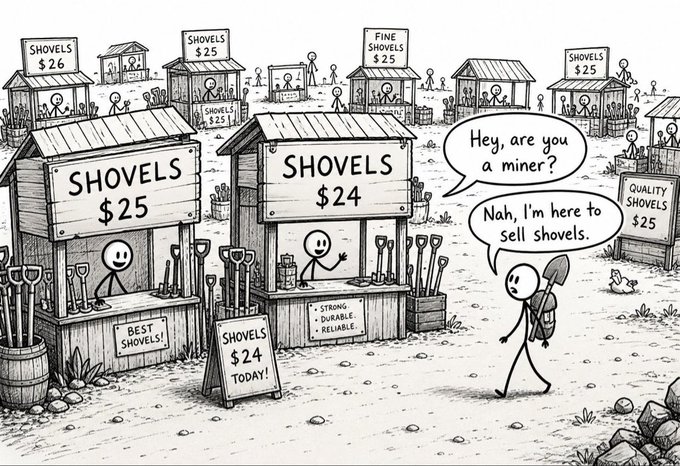 A stick figure walks through a mining town saturated with competing shovel stands—all priced between $24-$26 and plastered with signs like "BEST SHOVELS!" and "STRONG, DURABLE, RELIABLE"—only to admit, "Nah, I'm here to sell shovels," perfectly capturing the meme's jab at the "current state of the trenches," where everyone is selling to each other rather than buying.