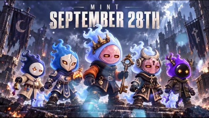 Promotional graphic featuring five cartoonish hooded ghost-like characters with glowing eyes and accessories, standing before a dark gothic castle, with text reading "MINT SEPTEMBER 28TH".