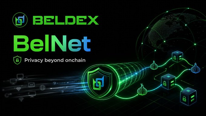 A promotional graphic for 'BELDEX' and 'BelNet' featuring the tagline 'Privacy beyond onchain,' alongside green glowing security shields, network nodes, and a digital globe.