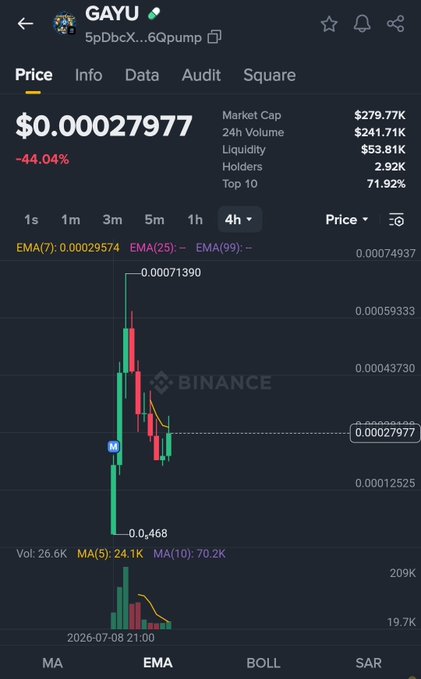 A Binance-style price chart for the $GAYU meme coin shows an explosive early spike to a peak of $0.00071390 followed by a sharp sell-off currently sitting at $0.00027977, down 44.04% with a market cap of $279.77K and 2.92K holders — visually illustrating the "bull charging" narrative with a volatile green-and-red candle pattern.