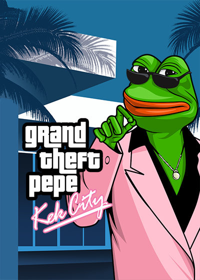 A parody video game cover art titled 'grand theft pepe Kek City' depicts a Pepe the Frog character wearing sunglasses, a silver chain necklace, and a pink blazer against a tropical background.