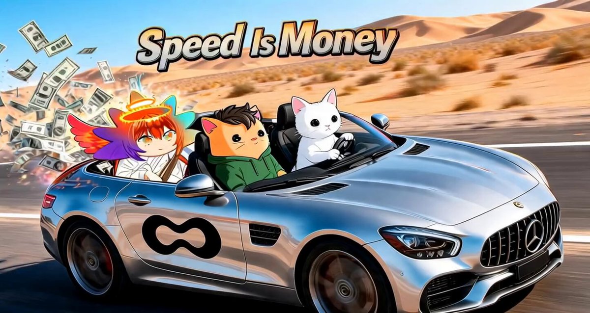 The image features a cartoon car driving down a road, with three small cats sitting inside of it. The first cat has long hair and is wearing a green shirt, while the second cat has short hair and is wearing a white shirt. The third cat has black fur and is wearing an orange shirt. A caption below the image reads "Speed is Money" followed by a link to a post on social media that says "Focus on what is in the image and how it relates to the post".