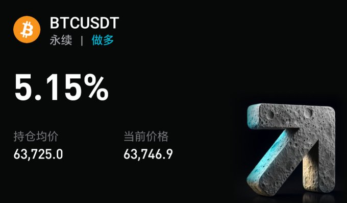 In the center of a black square layout, there is an upward-pointing arrow, accompanied by a piece of text that reads "Finally got out of the red on my Bitcoin long position, nearly got liquidated just now—it' s bound to surge tonight, right?" The arrow seems to symbolize the direction one should take in this particular situation.