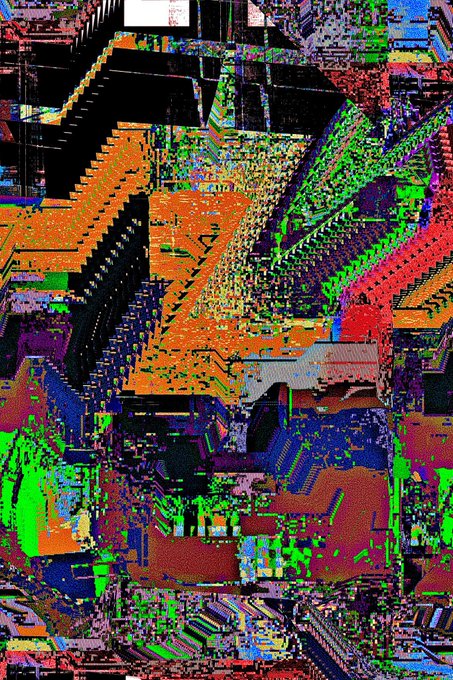 A highly distorted, glitched image with colorful pixelated artifacts obscuring what appears to be a mechanical or architectural scene.