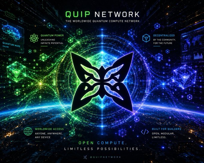 A promotional graphic for QUIP Network, branded as "The Worldwide Quantum Compute Network," featuring a central butterfly logo against a cosmic background with neon green and blue accents. Key features highlighted include "Quantum Power: Unleashing Infinite Potential," "Decentralized: By the Community, For the Future," "Worldwide Access: Anyone, Anywhere, Any Device," and "Built for Builders: Open, Modular, Limitless," with the tagline "Open Compute. Limitless Possibilities." The image supports the post's announcement of QUIP expanding into policy discussions, specifically the September 22 CoinDesk Policy & Regulation event in Washington, D.C.