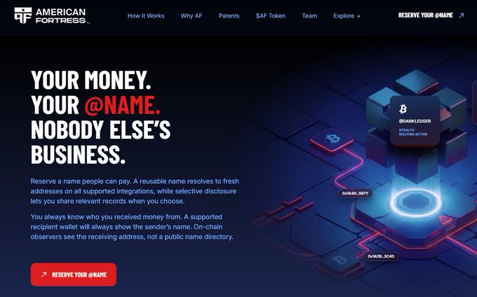 The American Fortress website homepage with the headline 'YOUR MONEY. YOUR @NAME. NOBODY ELSE'S BUSINESS.' and a 'RESERVE YOUR @NAME' button, alongside an image of a '@NAMELESS' Bitcoin address cube.