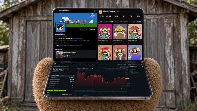 A person wearing fuzzy slippers holds open a foldable device displaying the Pump.fun platform, showing "Pepe" and "Bitcoin Pepeta" memecoin listings alongside a price chart for $80,003,482 — perfectly capturing the sentiment of excitement over crypto gains.