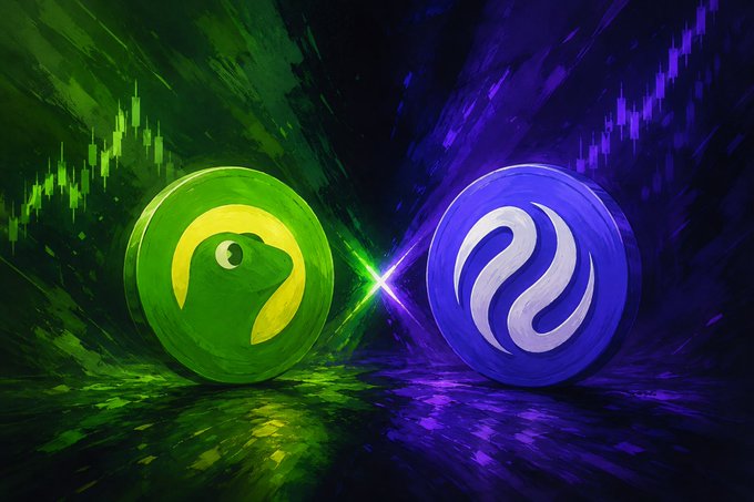 A stylized digital artwork shows two glowing orbs facing off against a dark, paint-splattered background: a green orb bearing the Injective logo (a stylized chameleon/injective symbol) on the left, and a blue orb featuring the CoinGecko logo on the right, with a bright flare of light sparking where the two meet. The image visually represents the newly released CoinGecko report highlighting Injective's ecosystem growth, pairing the two brands to emphasize Injective's real-world usage and revenue metrics featured in the analysis.