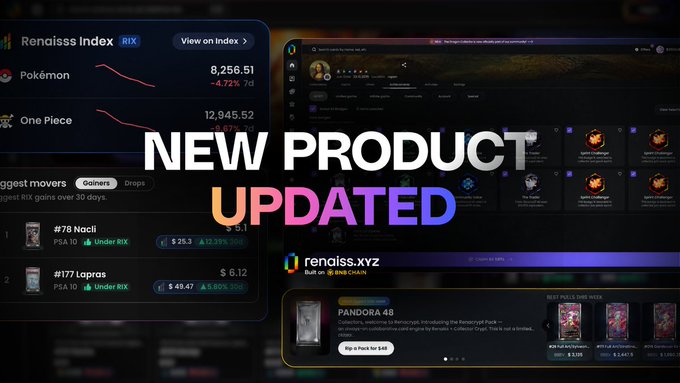 A promotional graphic reads “NEW PRODUCT UPDATED” over dark marketplace screens showing “Renaiss Index,” “rénaiss.xyz,” “Pokémon,” “One Piece,” and a listing for “PANDORA 48.”