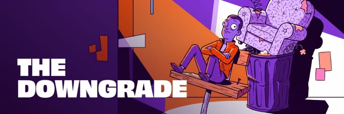 An illustration titled 'THE DOWNGRADE' showing a purple-skinned cartoon character sitting on a bench next to a trash can filled with a discarded couch.