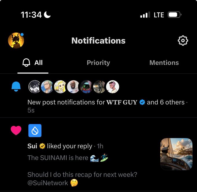 A smartphone screenshot of a Twitter/X notifications page at 11:34 shows a heart notification from the verified account "Sui" (with a sunflower emoji) liking a reply posted 1 hour ago, featuring the text "The SUINAMI is here 🌀🏄‍♂️" and asking "Should I do this recap for next week? @SuiNetwork 🤔" alongside an image of someone on a boat with a sword. The notification visually confirms the post's description of waking up to a meaningful like from the @SuiNetwork account.