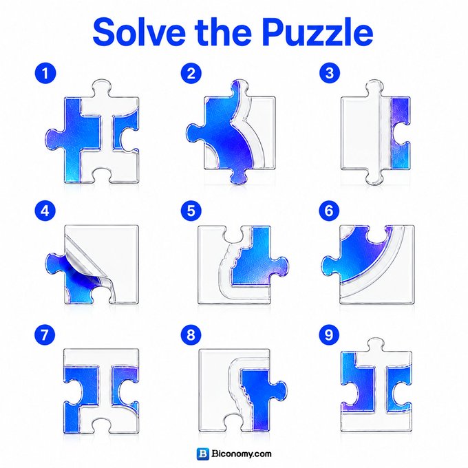 Biconomy.com graphic titled "Solve the Puzzle" showing nine different configurations of a blue and clear jigsaw puzzle piece numbered 1-9.