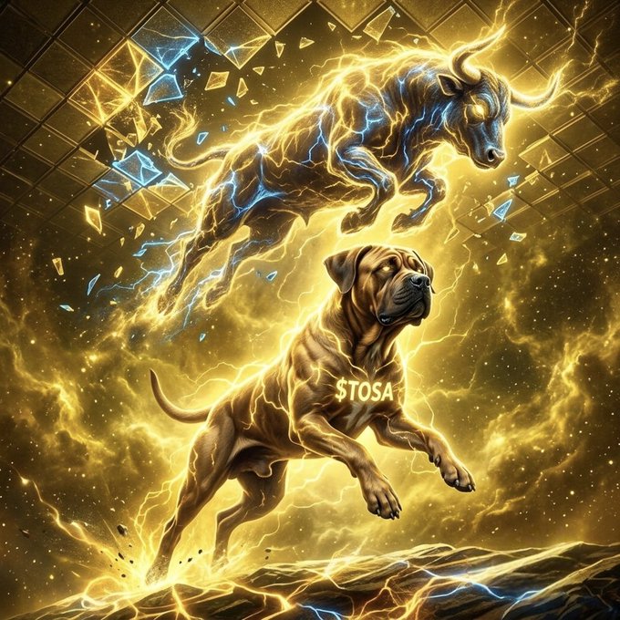 A stylized digital artwork features two powerful dogs—a bull and a muscular breed labeled "TOSA"—leaping through a golden, electrified atmosphere surrounded by shattering glass.