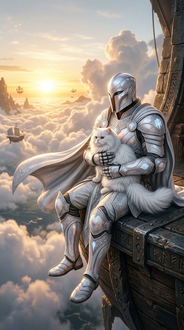 A fantasy illustration of a silver-armored knight with glowing blue accents sitting on the edge of a stone structure above the clouds at sunset, holding a fluffy white cat in his lap.