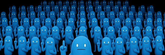 An illustration of a large crowd of identical blue ghost-like characters with glowing white eyes, with one slightly larger figure in the center foreground pointing upward.