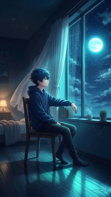A young man in a hoodie sits on a chair beside his bed, gazing out a large window at a glowing full moon and starry night sky. The scene reflects the post's theme of late-night solitude and perseverance—suggesting that quiet, dedicated hours under the moon are what set the hardworking apart from the rest.