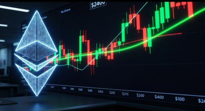 A glowing 3D Ethereum logo sits beside a candlestick chart showing a sharp upward trend, with a green moving average line rising toward the $2,000 resistance level—visually capturing the post's discussion of ETH's critical battle at $1,900 and its potential breakout above $2,000.