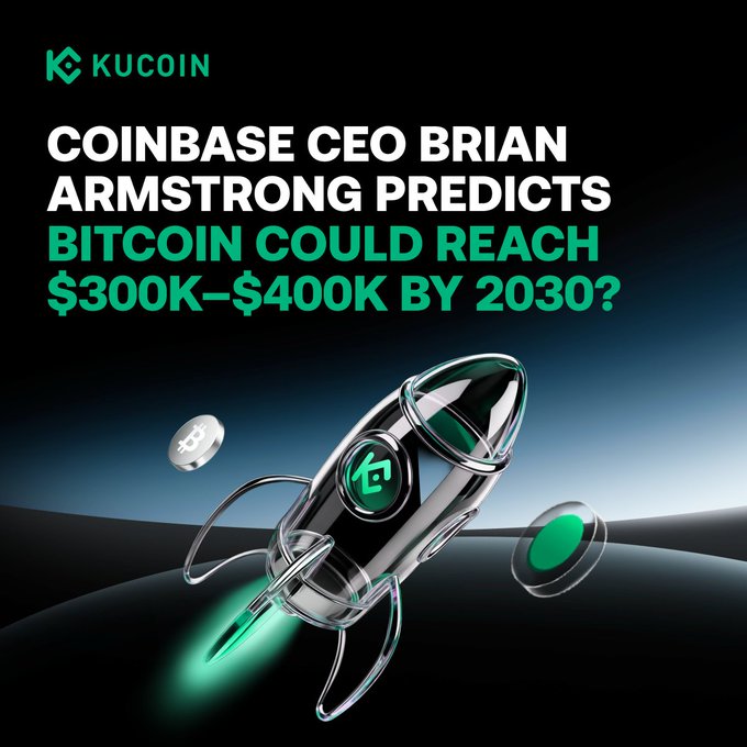 KuCoin promotional graphic titled "COINBASE CEO BRIAN ARMSTRONG PREDICTS BITCOIN COULD REACH $300K–$400K BY 2030?" featuring a 3D rocket ship with the KuCoin logo launching upward alongside a Bitcoin coin, visually symbolizing Bitcoin's projected price surge highlighted in the accompanying blog post.
