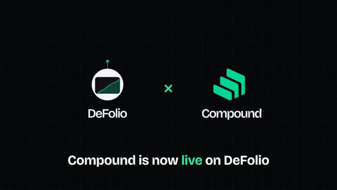 Promotional graphic announcing 'Compound is now live on DeFolio,' featuring the DeFolio and Compound logos on a black background.