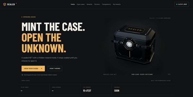 The Sealed website homepage with the tagline 'MINT THE CASE. OPEN THE UNKNOWN' and an image of a black case.