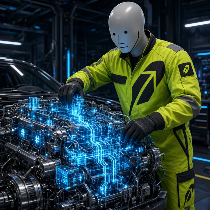 A humanoid robot with a white mask and high-visibility yellow jumpsuit works on a glowing blue holographic engine in an industrial setting.