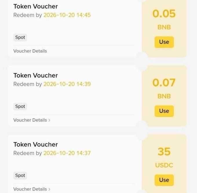 A mobile app screen displays three token vouchers redeemable by 2026-10-20, offering 0.05 BNB, 0.07 BNB, and 35 USDC, each with a yellow 'Use' button.