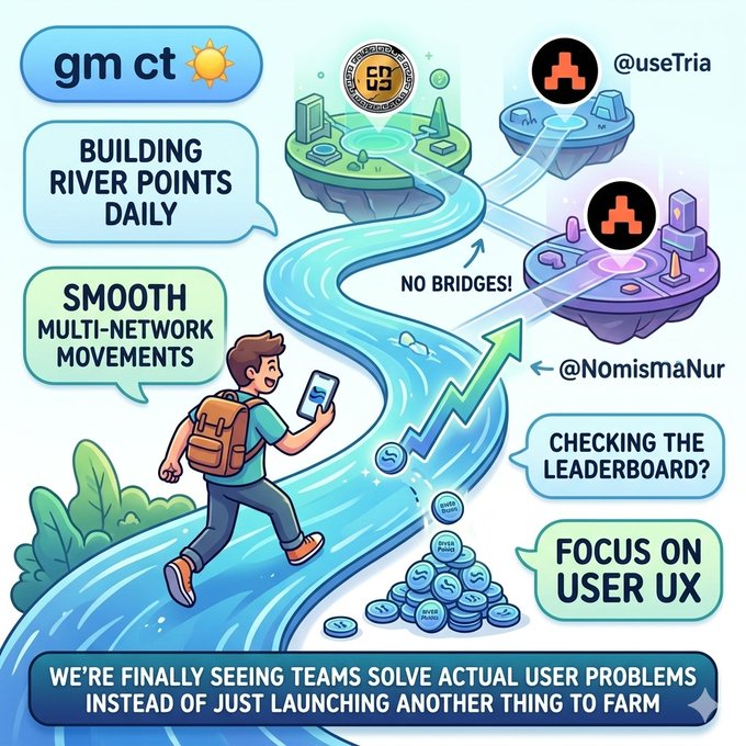 The image features a cartoon depiction of a man walking along a river while holding a cell phone. The text at the bottom of the image reads, "We're finally seeing teams solve actual user problems instead of just launching another thing to farm".