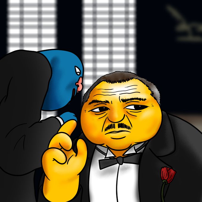 A cartoon-style illustration showing a man in a tuxedo with a red rose boutonniere next to a masked blue figure giving a thumbs-up, resembling a mafia scene.