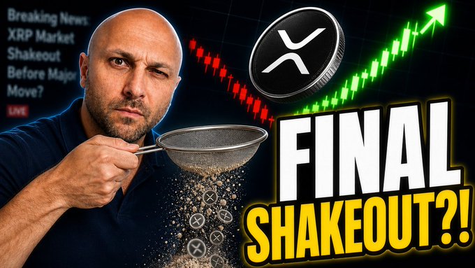 A man holds a strainer sifting through XRP tokens under bold text reading "FINAL SHAKEOUT?!," alongside "Breaking News: XRP Market Shakeout Before Major Move?" and a candlestick chart showing red and green trends, visually reinforcing the post's warning about XRP losing $1.08 support and a potential drop to $0.87 amid extreme fear (Fear & Greed Index at 27).