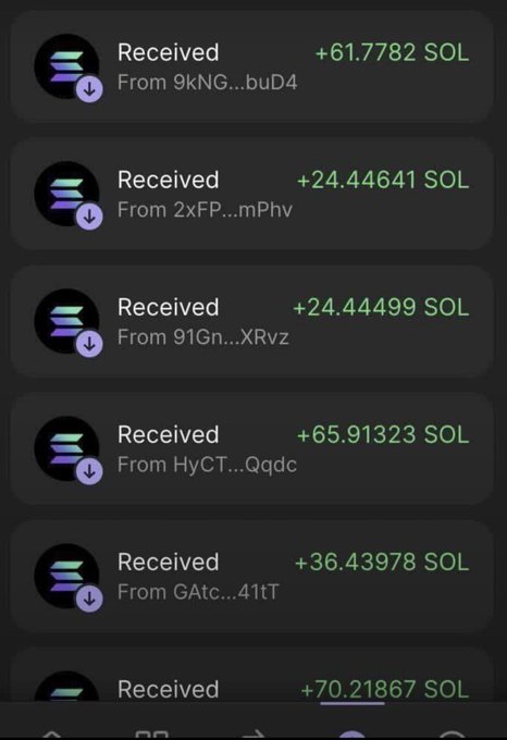 A cryptocurrency wallet transaction history showing multiple incoming SOL transfers ranging from +24.44 to +70.21 SOL from various senders.