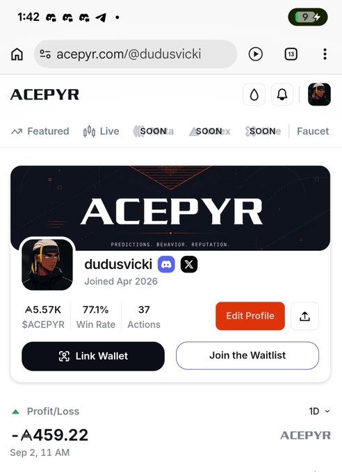 A mobile screenshot of the ACEPYR prediction platform showing user profile 'dudusvicki' with a 771% win rate, 37 actions, and a -A$459.22 profit/loss.